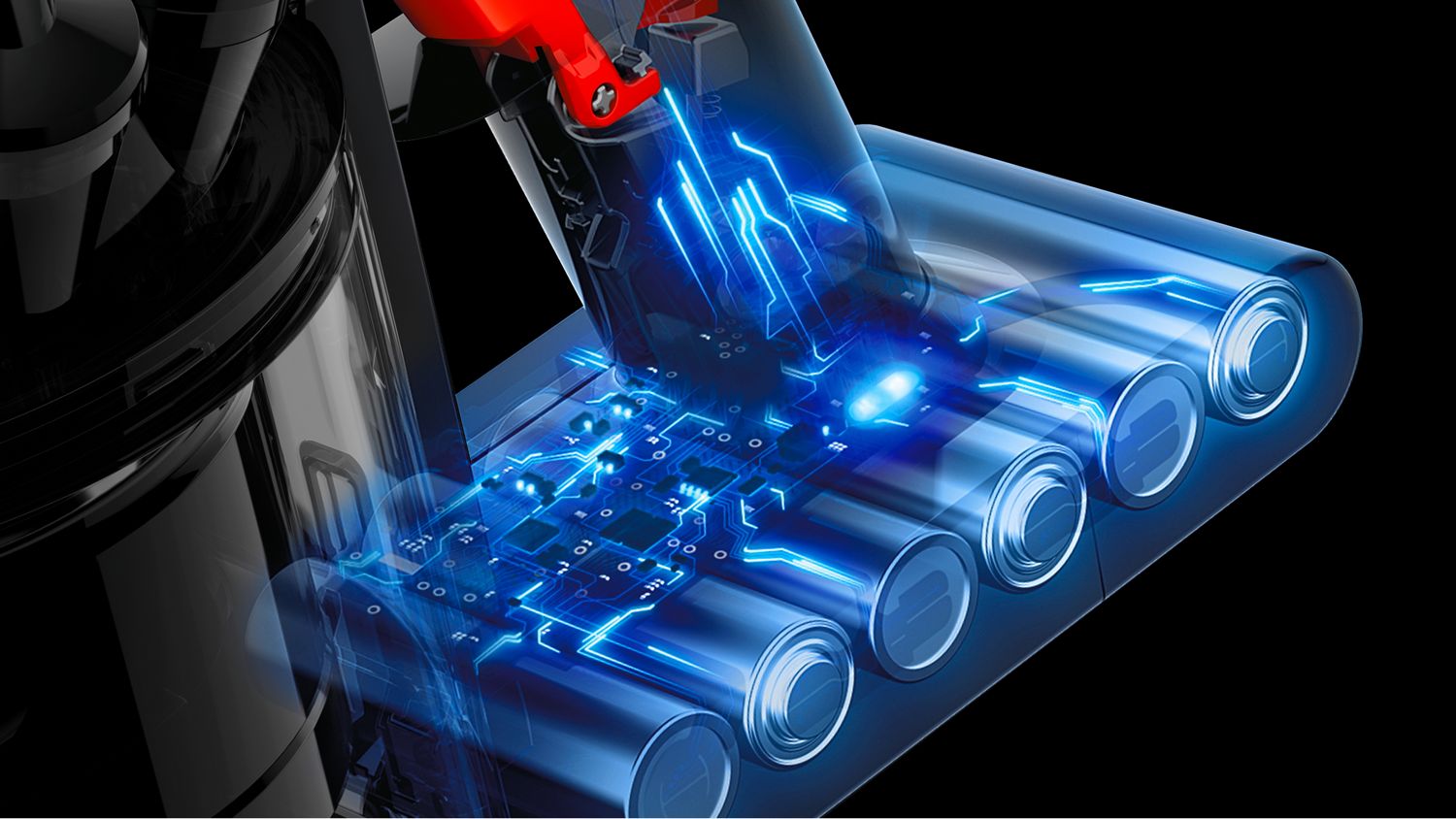 A cutaway of the battery pack in the Dyson Car+Boat handheld vacuum cleaner.